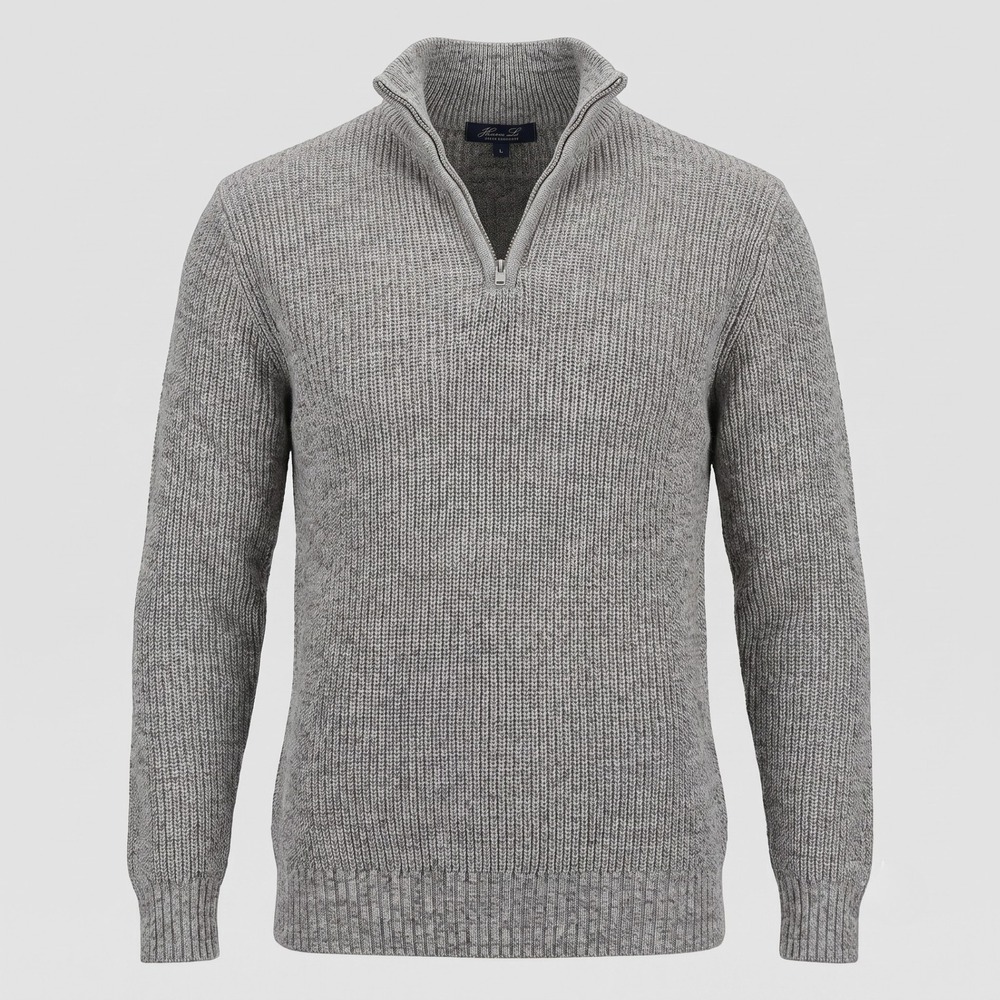 Kian D Mens Large Gray Sweater Quarter Zip Pullover Slim Fit Ribbed Knit Cotton
